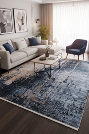 Mavi/Füme ve Bej Tonlarında Soyut Sanat Halısı | Modern Kontrast Efektli Kilim