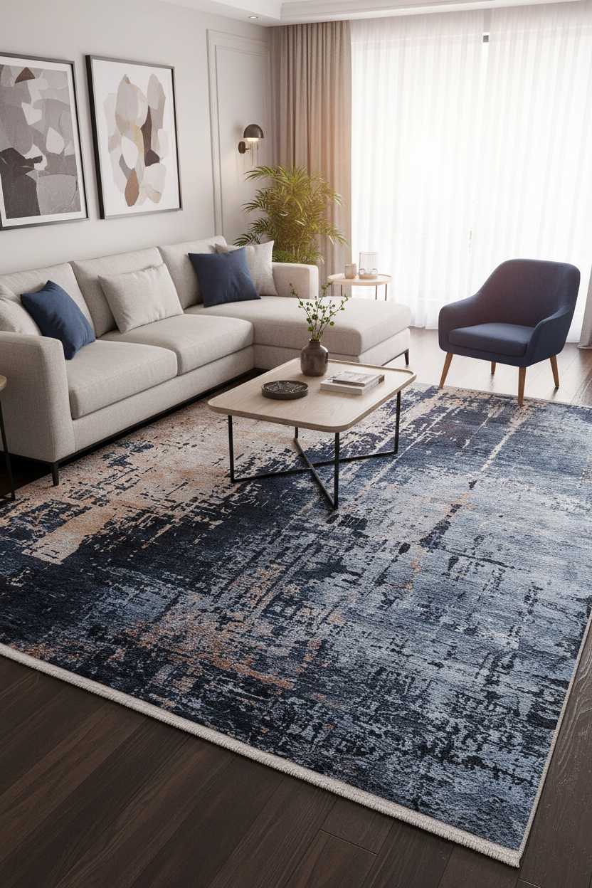 Mavi/Füme ve Bej Tonlarında Soyut Sanat Halısı | Modern Kontrast Efektli Kilim