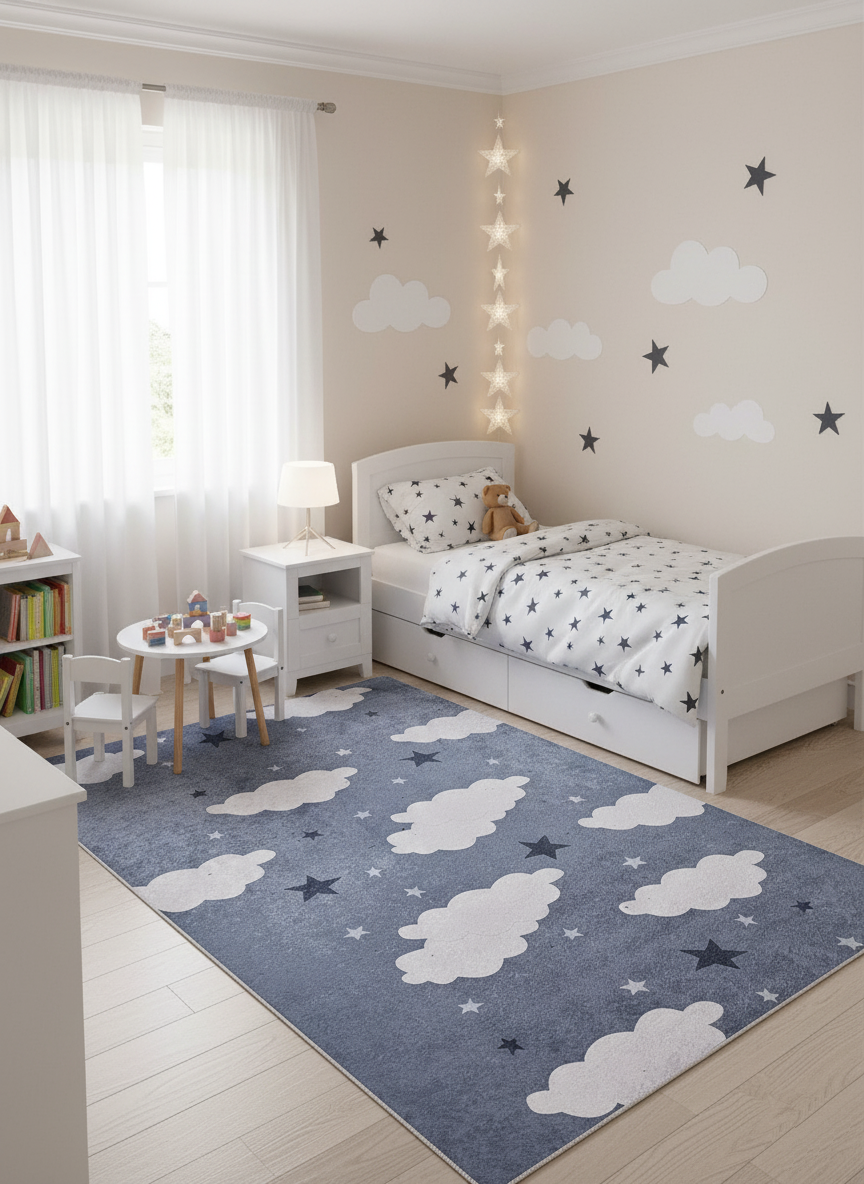 Gray Children's Rug with Cloud and Star Pattern