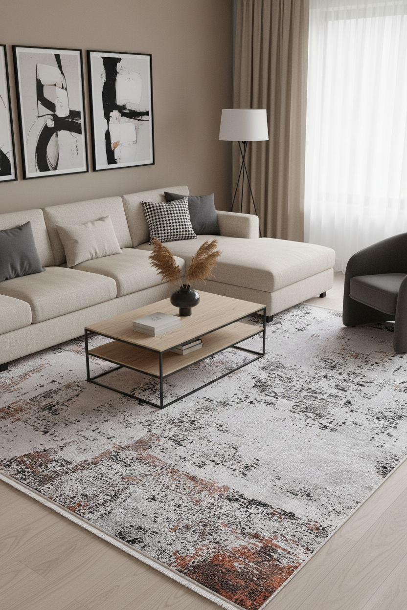 Beyaz, Pas ve Siyah Soyut Sanat Halısı | Modern Endüstriyel Efektli Kilim