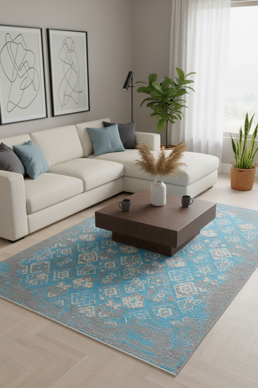 Mavi Gri Pamuk Polyester Çift Taraflı Modern Vintage Yıkanabilir Antibakteriyel Halı