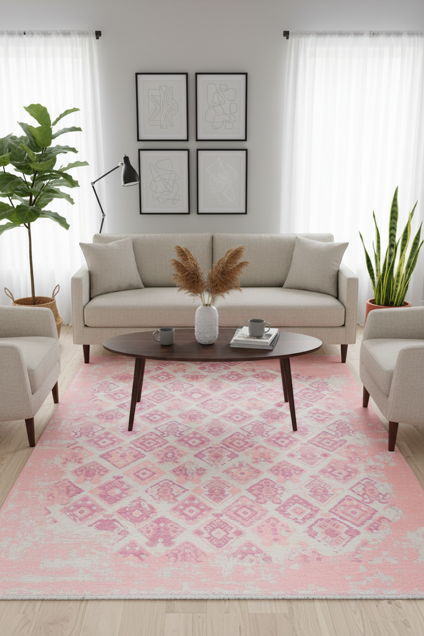 Pembe Pamuk Polyester Çift Taraflı Modern Vintage Yıkanabilir Antibakteriyel Halı