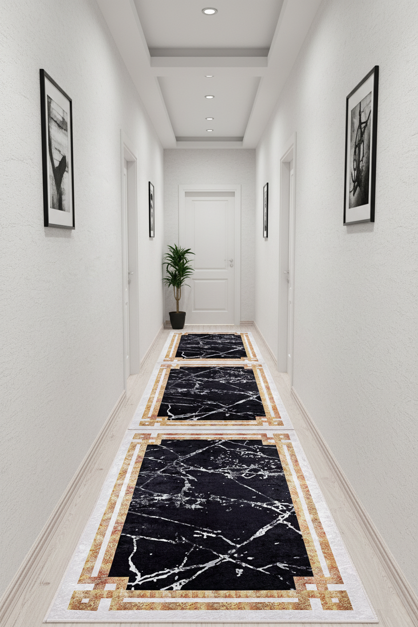Black and White Marble-Style Bordered Geometric Rug