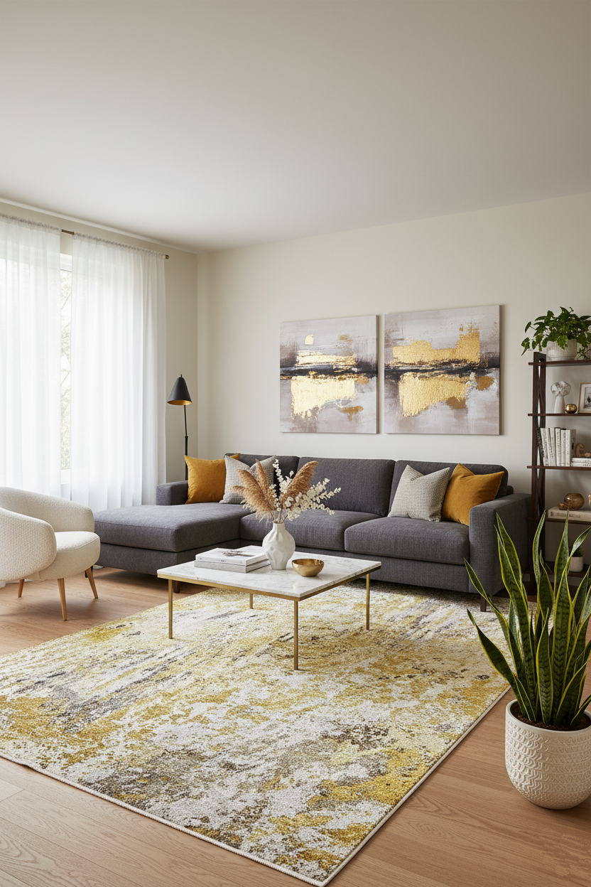 Sarı, Altın ve Gri Soyut Sanat Halısı | Modern Lüks Tasarım Kilim