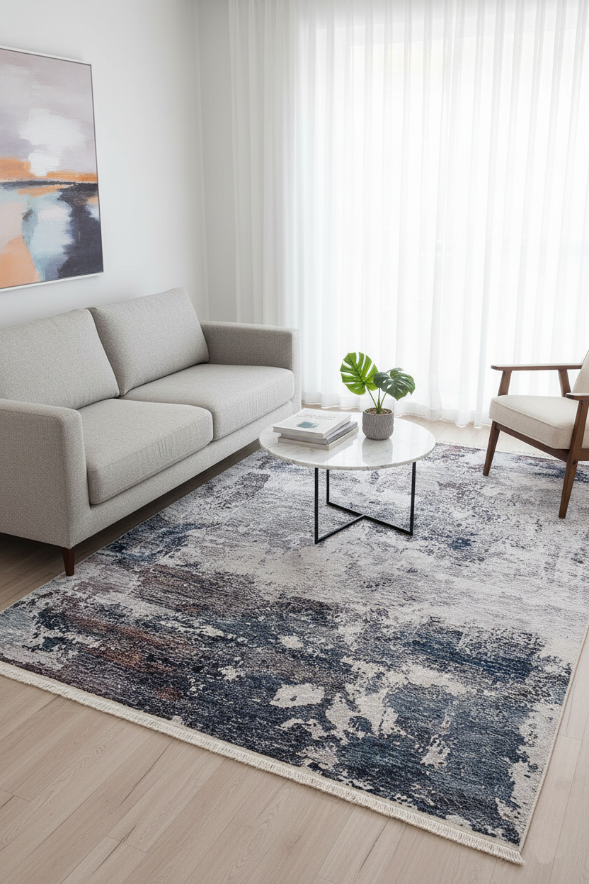 Lacivert, Beyaz ve Kahve Soyut Sanat Halısı | Modern Geçişli Efektli Kilim
