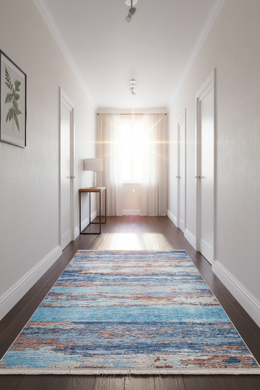 Mavi ve Pas Tonlarında Soyut Sanat Halısı | Modern Geçişli Tasarım Kilim