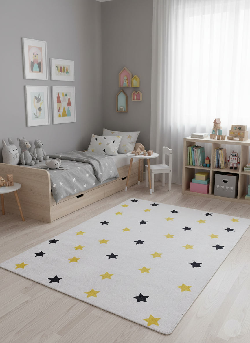 Sarı ve Siyah Yıldız Desenli Çocuk Halısı – Yıkanabilir ve Kaymaz Tabanlı
