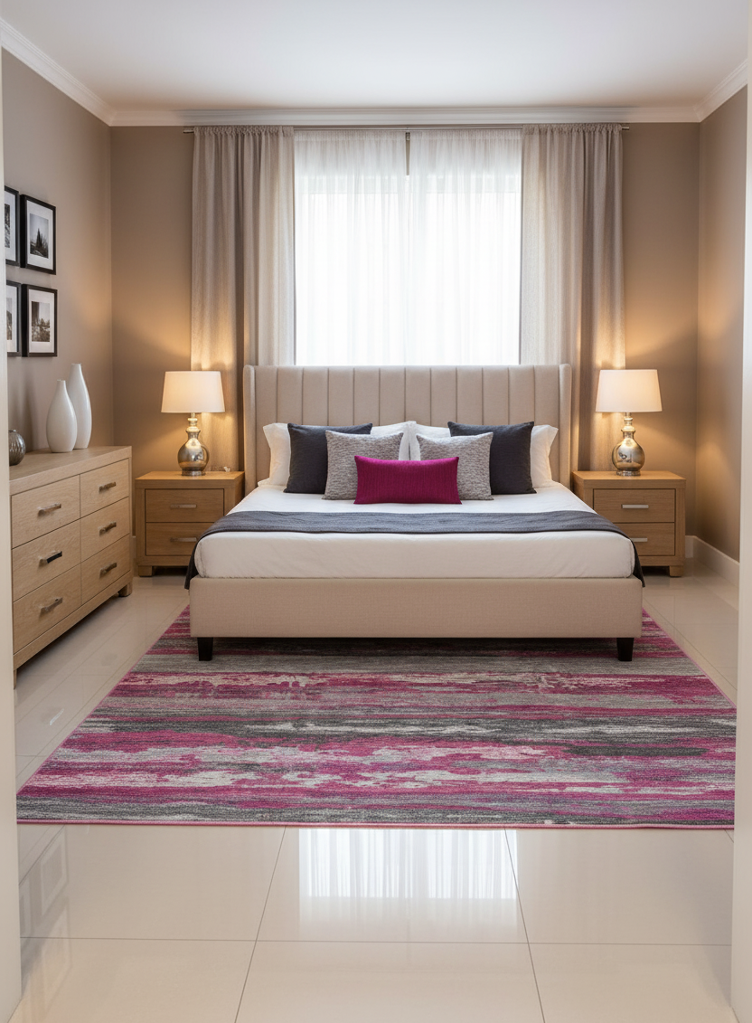 Canlı Fuşya ve Gri Soyut Sanat Halısı | Modern Geçişli Tasarım Kilim