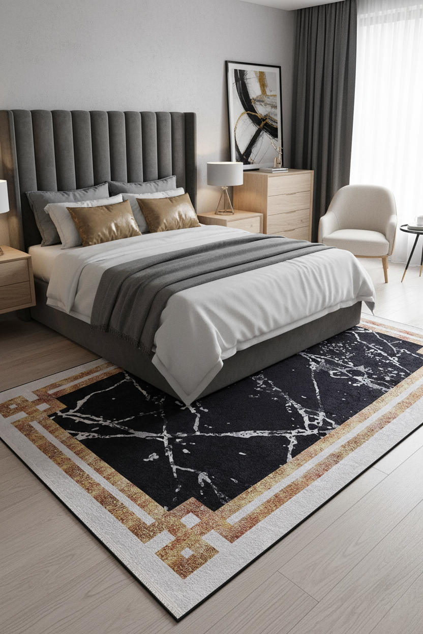 Black and White Marble-Style Bordered Geometric Rug