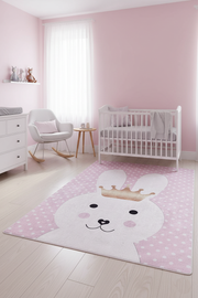 Taçlı Tavşan Desenli Pembe Çocuk Halısı – Yıkanabilir