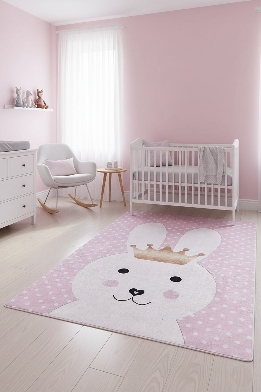 Taçlı Tavşan Desenli Pembe Çocuk Halısı – Yıkanabilir