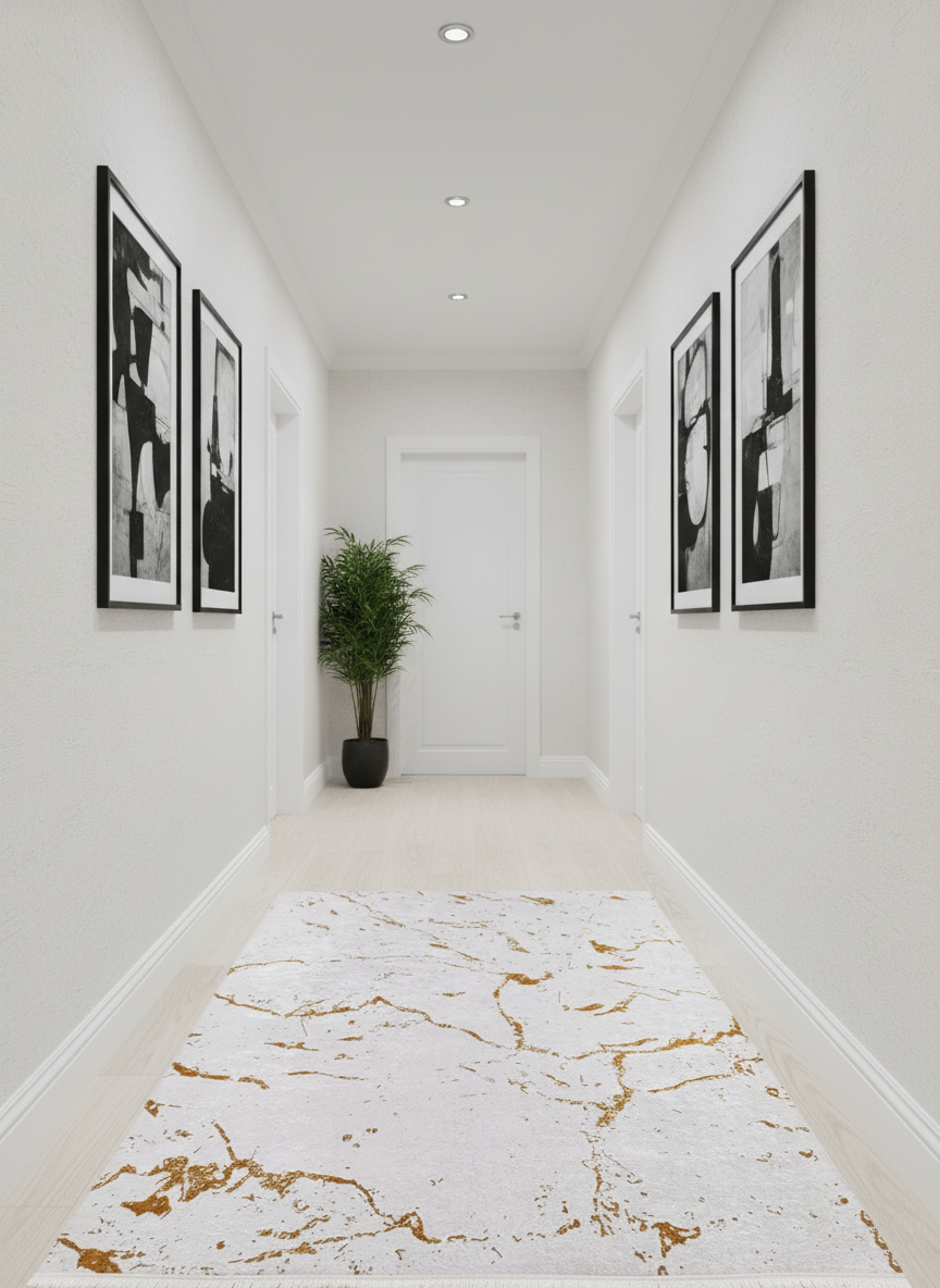 Mermer Desenli Krem Altın Modern Halı