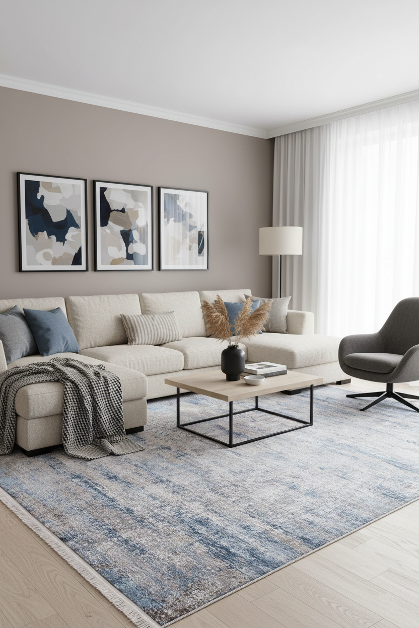 Gri, Bej ve Mavi Soyut Sanat Halısı | Modern Geçişli Efektli Kilim