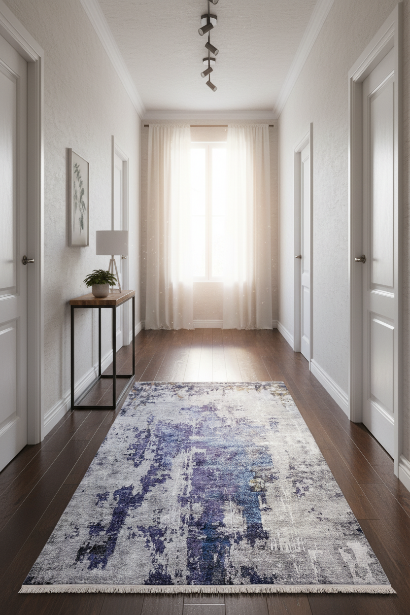 Mor ve Gri Soyut Sanat Halısı | Modern Geçişli Efektli Kilim