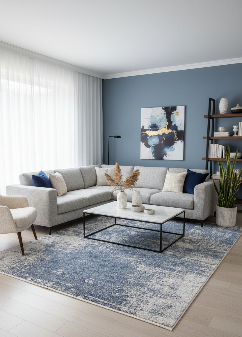 Buz Mavisi ve Beyaz Soyut Sanat Halısı | Geçişli Eskitme Efektli Kilim