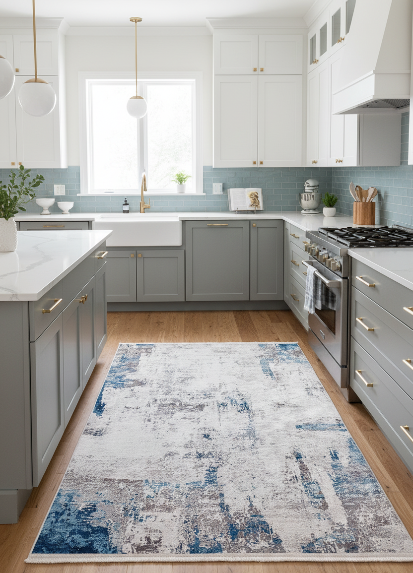 Beyaz, Mavi ve Gri Soyut Sanat Halısı | Modern Geçişli Efektli Kilim