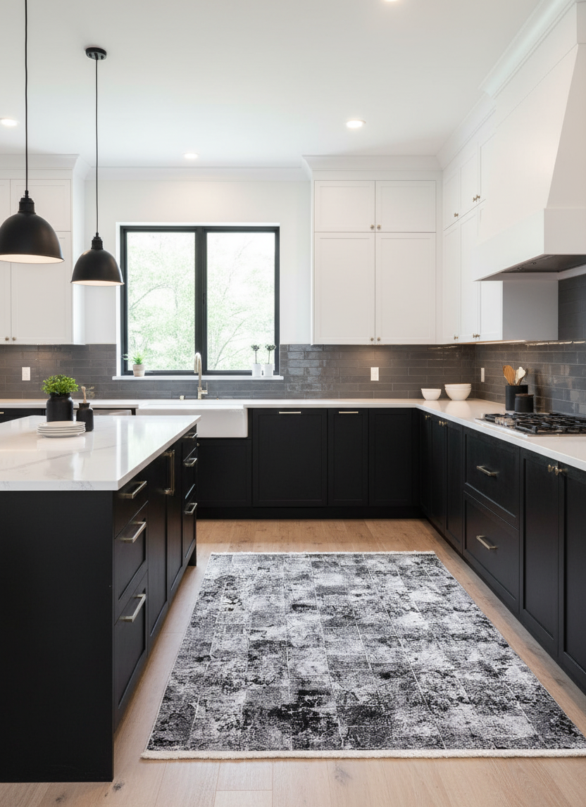 Siyah Beyaz Geçişli Soyut Halı | Modern Karo Efektli Tasarım Kilim