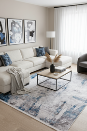 Beyaz, Mavi ve Gri Soyut Sanat Halısı | Modern Geçişli Efektli Kilim