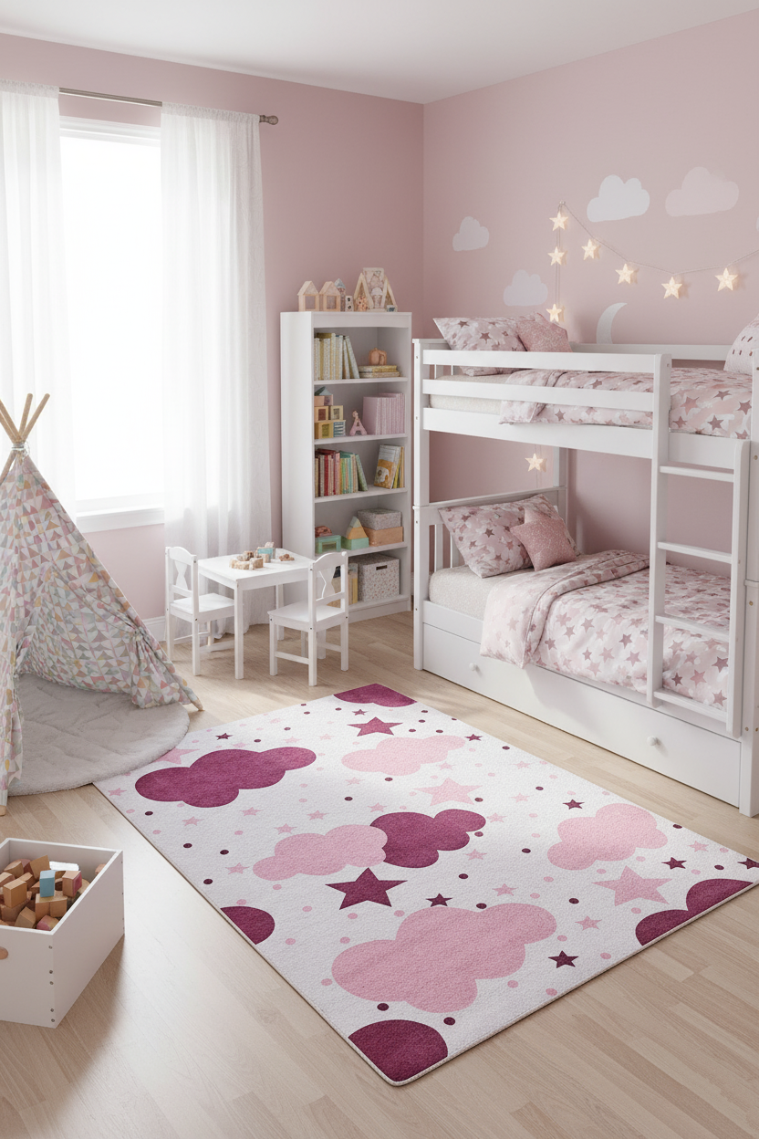 Cloud Star Pink Cream Children's Rug