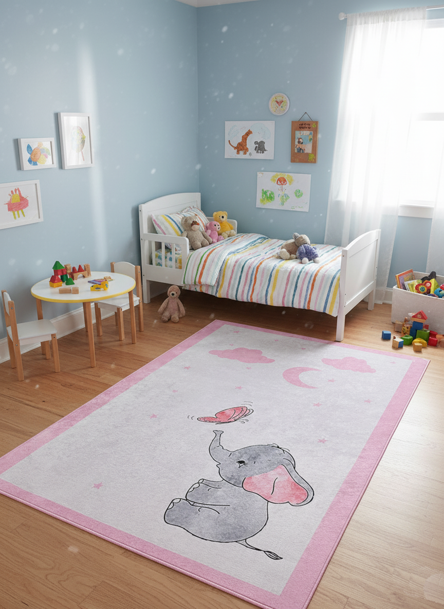 Pembe Ay ve Fil Desenli Çocuk Halısı – Yıkanabilir
