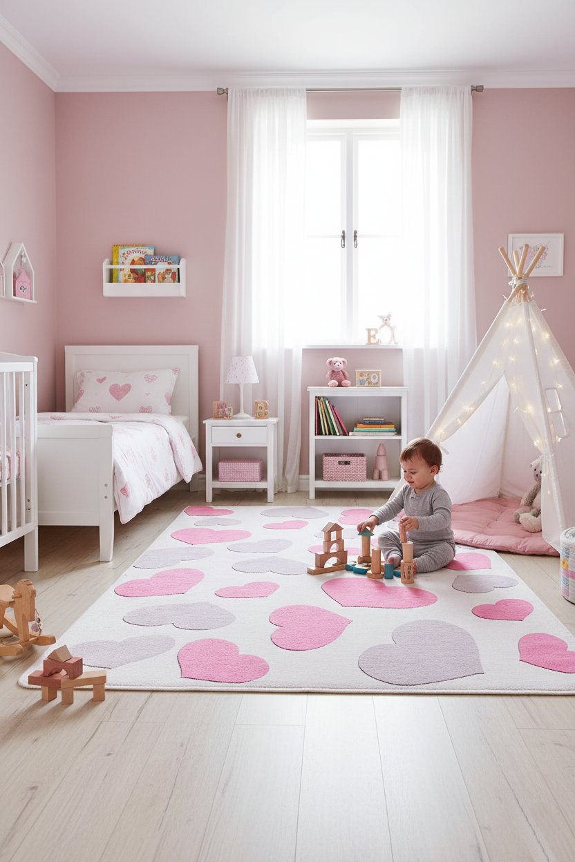 Pink Children's Carpet with Heart Pattern