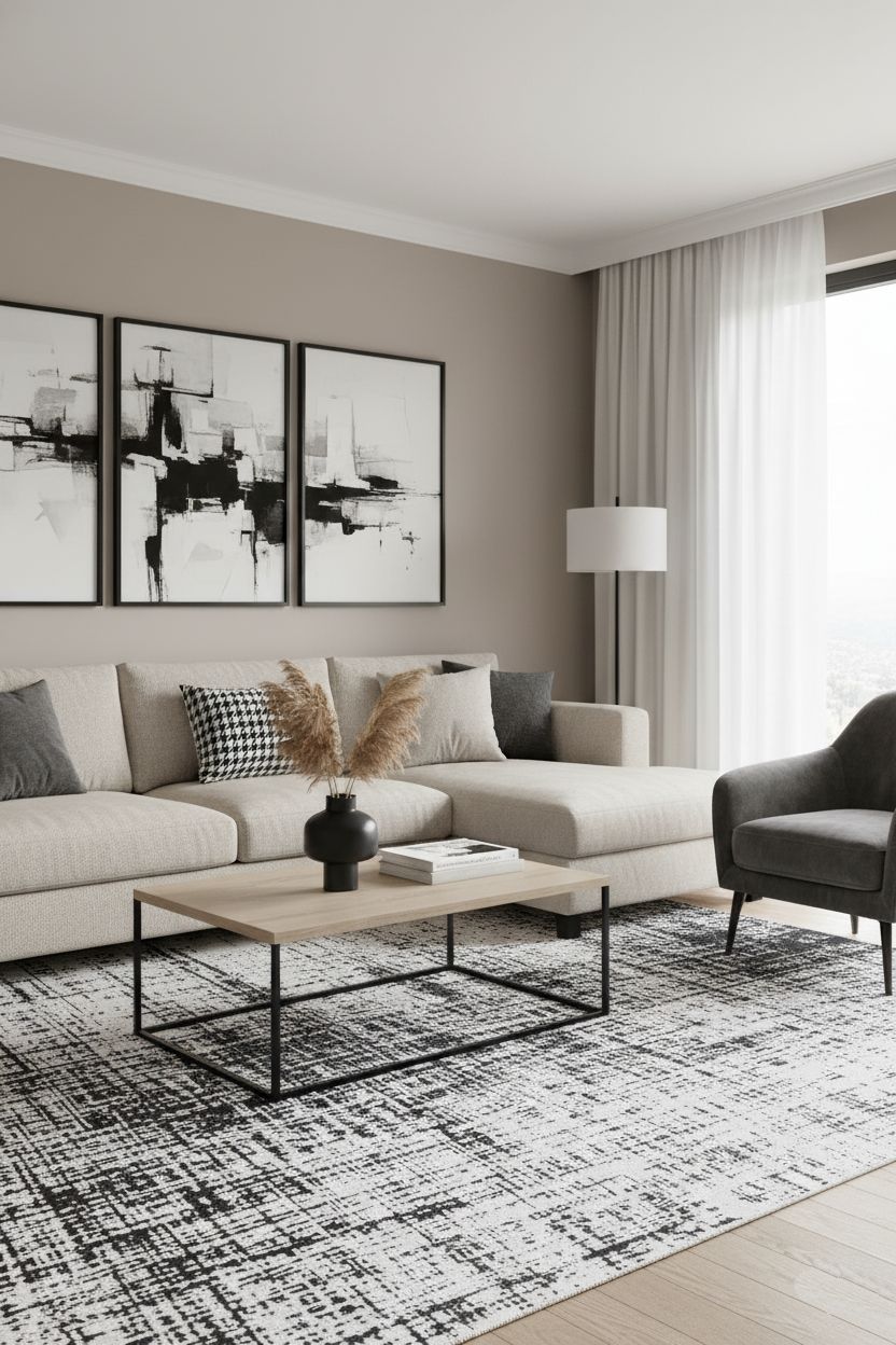 Siyah Beyaz Grafik Soyut Halı | Modern Çizgili Eskiz Efektli Kilim