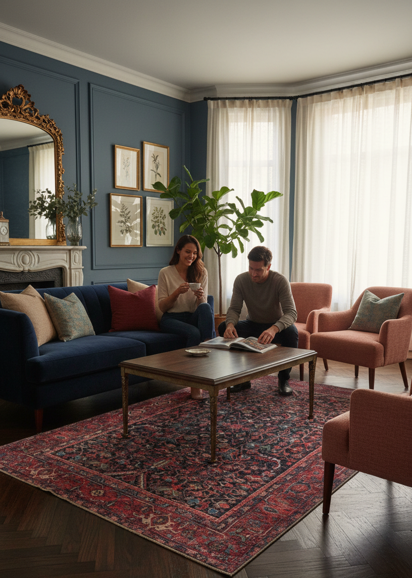 Kırmızı ve Lacivert Klasik Çiçekli Vintage Halı