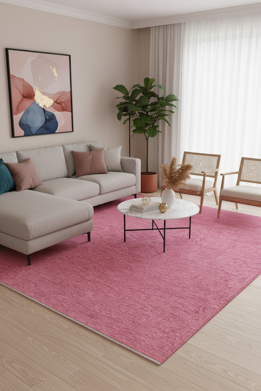 Pembe Düz Modern Bohem Halı
