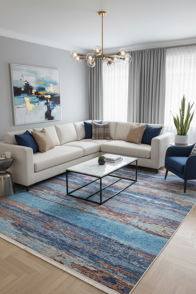 Mavi ve Pas Tonlarında Soyut Sanat Halısı | Modern Geçişli Tasarım Kilim