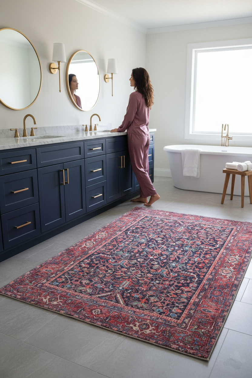 Marineblauer und brauner Vintage-Teppich mit Medaillonmuster