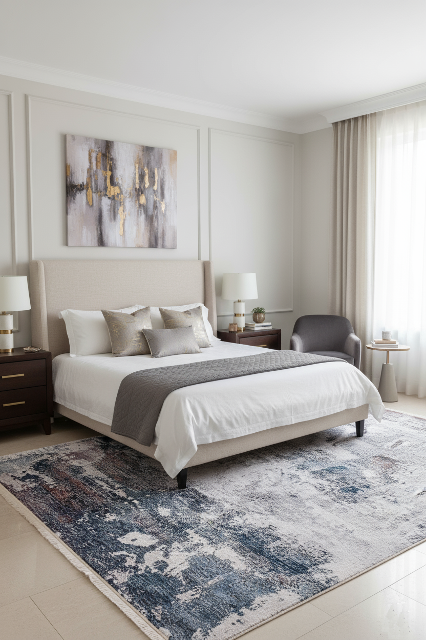 Lacivert, Beyaz ve Kahve Soyut Sanat Halısı | Modern Geçişli Efektli Kilim