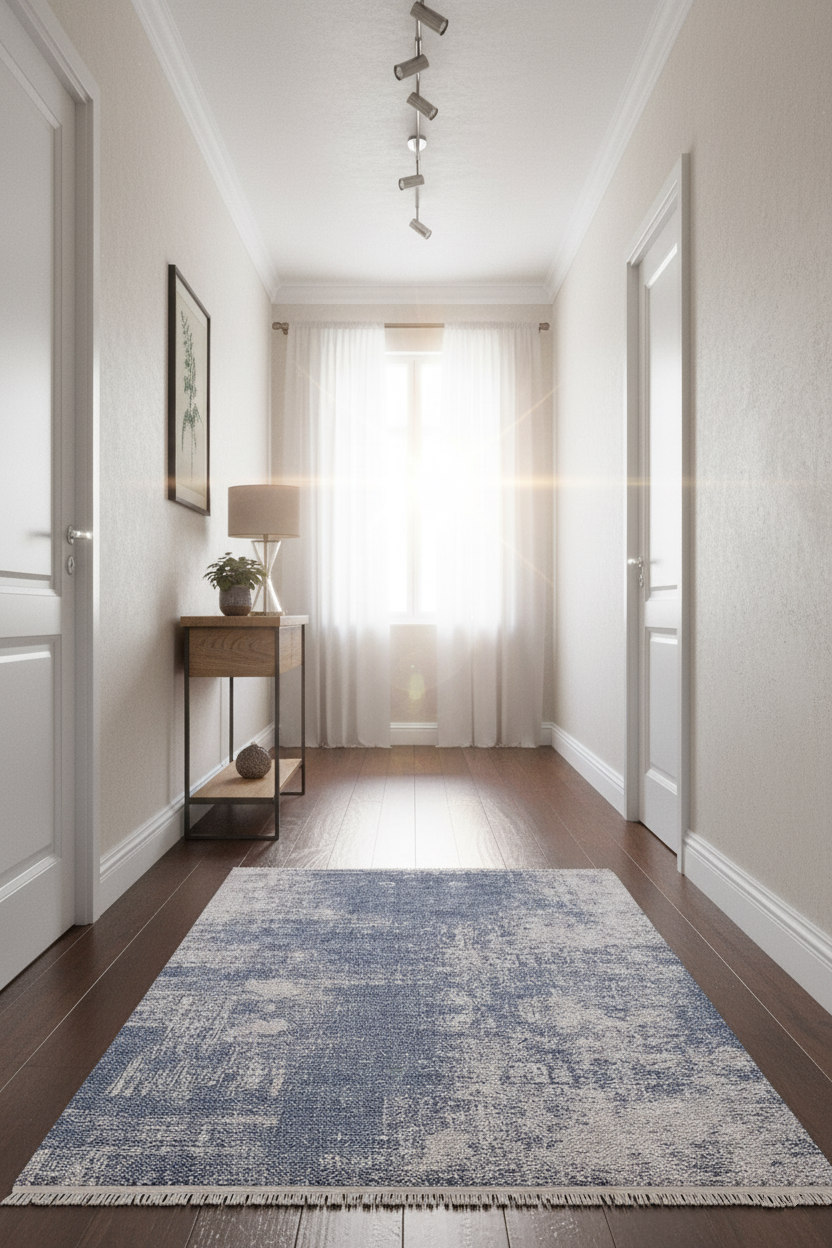 Buz Mavisi ve Beyaz Soyut Sanat Halısı | Geçişli Eskitme Efektli Kilim