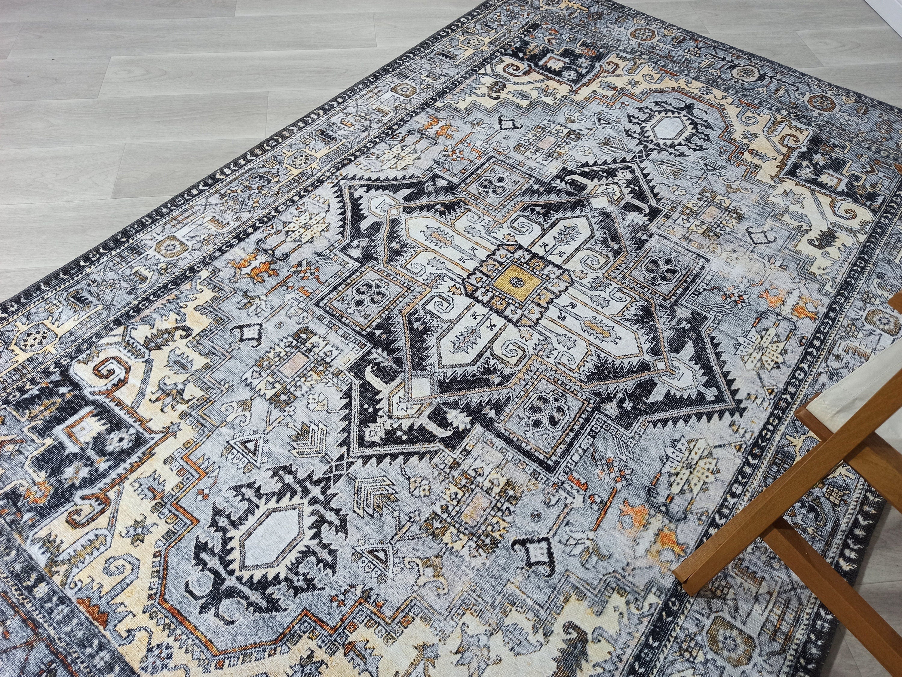 Grauer Vintage-Teppich mit geometrischem Muster