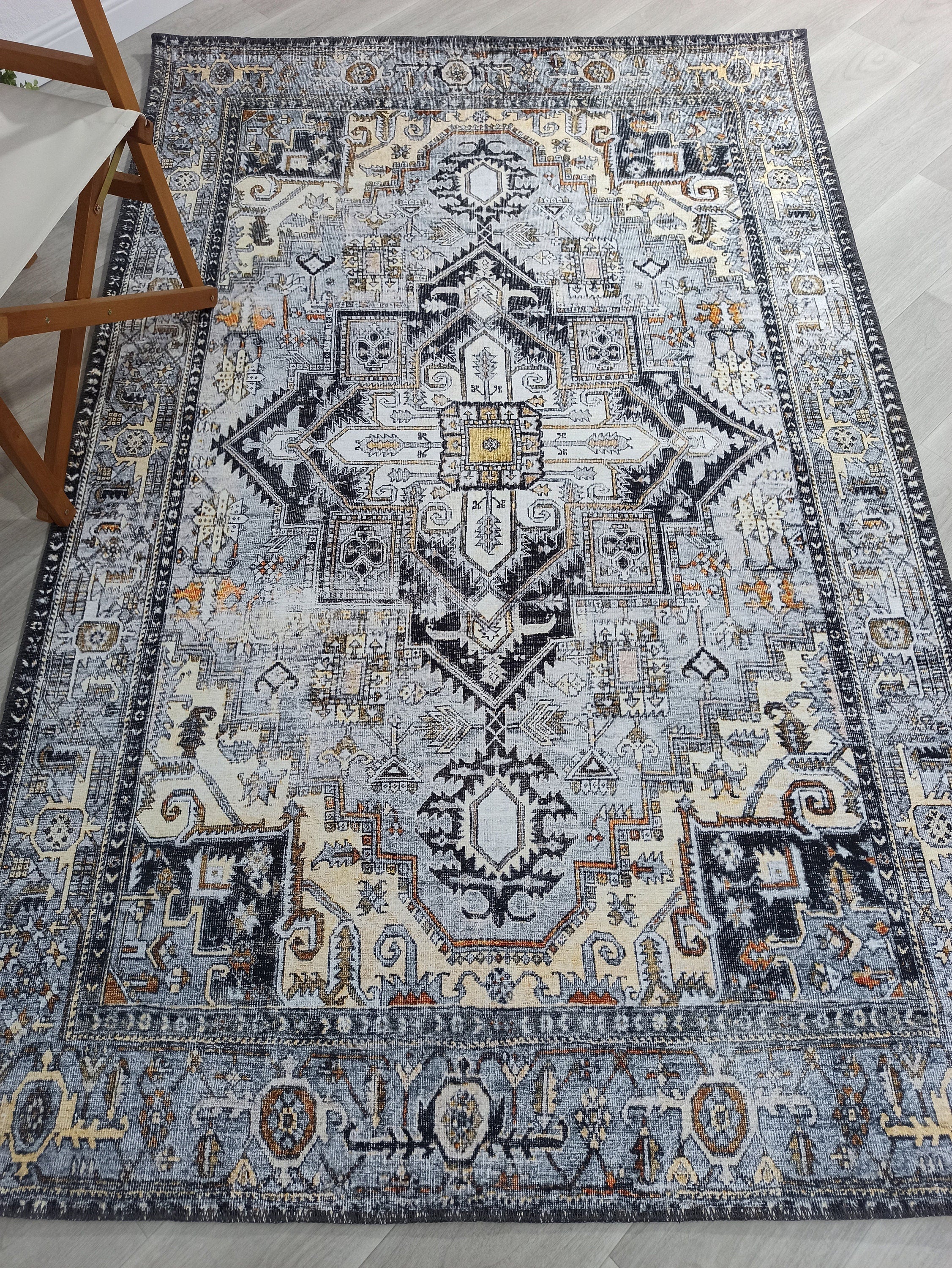Grauer Vintage-Teppich mit geometrischem Muster