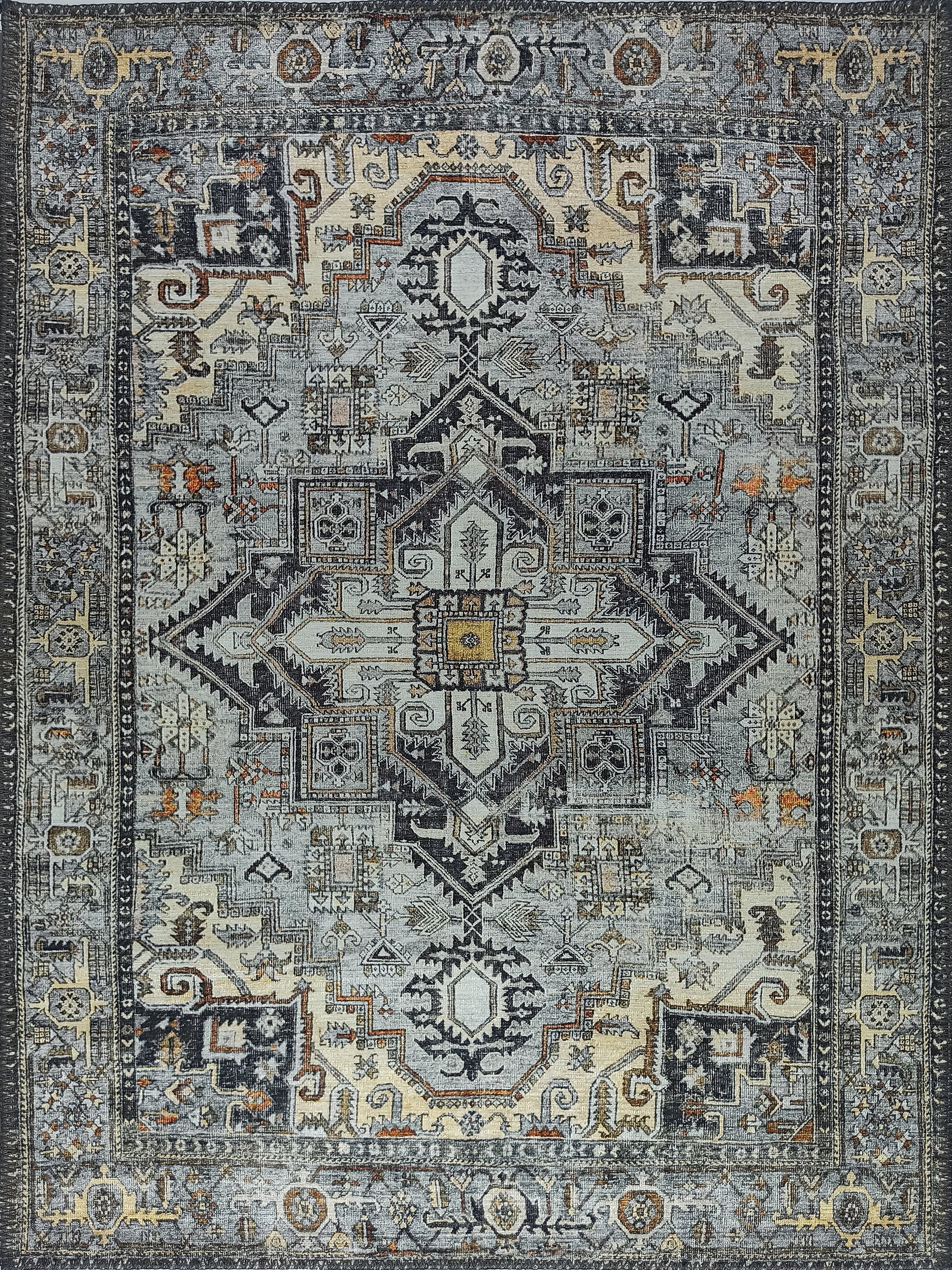 Grauer Vintage-Teppich mit geometrischem Muster