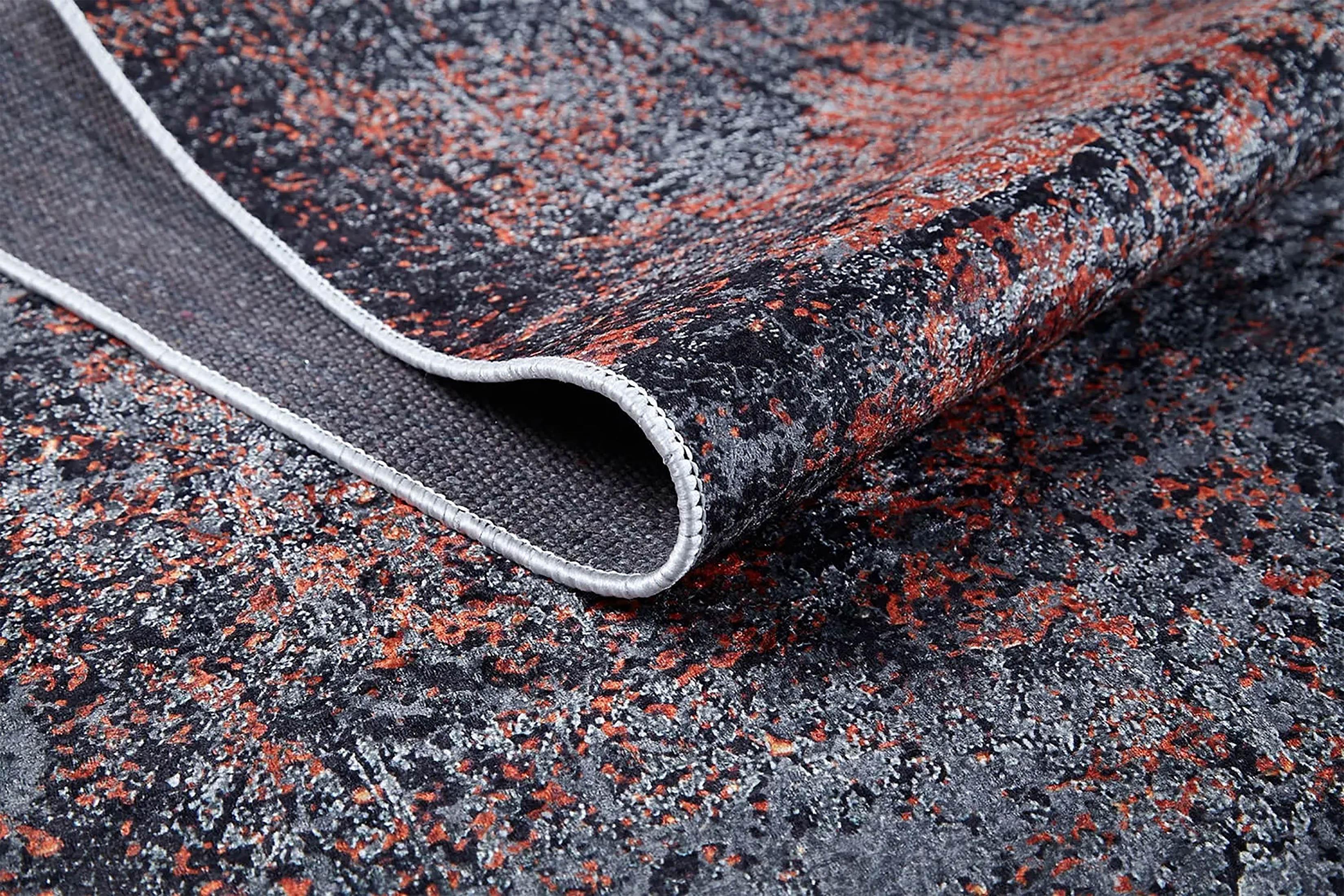 Gri Bakır Modern Halı Eskitme Soyut Desenli Yıkanabilir-Pera Halı