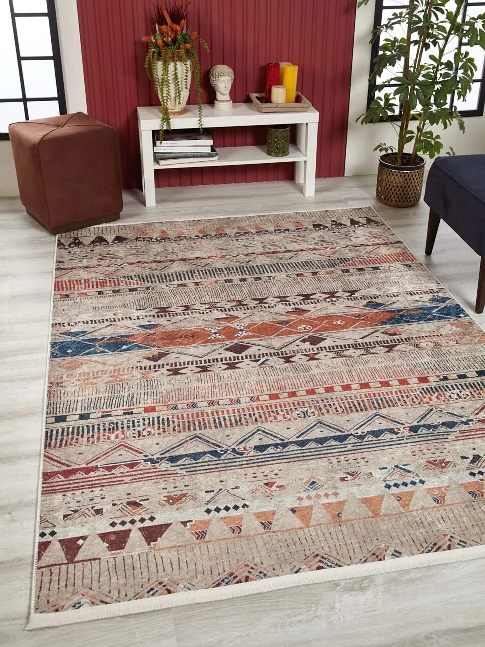 Gri Bej Renkli Geometrik Desenli Anadolu Kilim Halı-Pera Halı