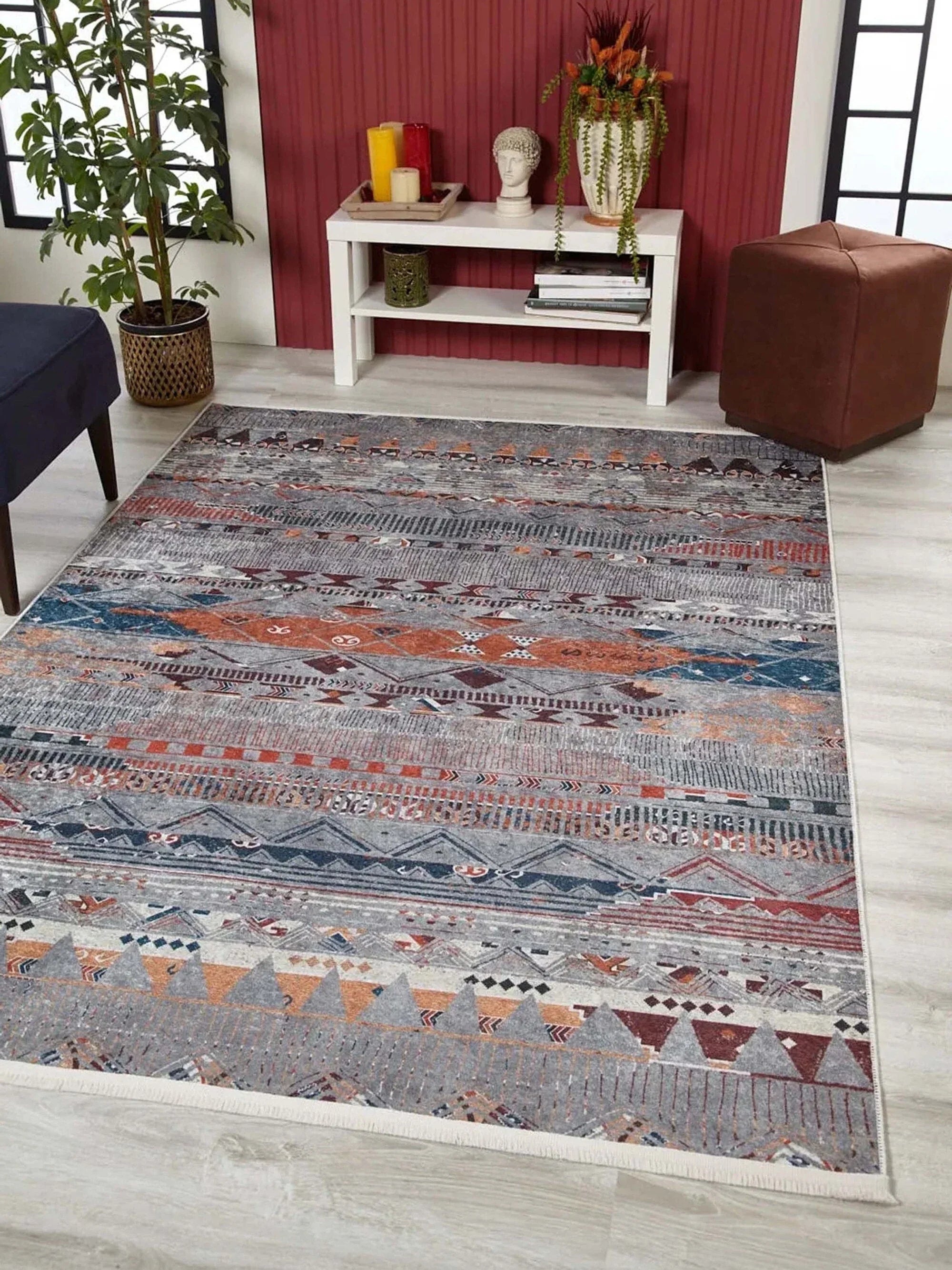 Gri Bej Renkli Geometrik Desenli Anadolu Kilim Halı-Pera Halı