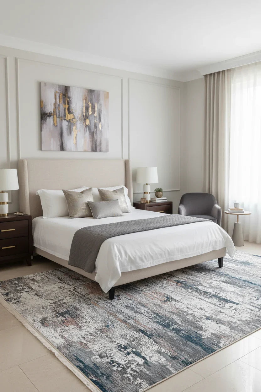 Gri, Beyaz ve Pas Tonlarında Modern Soyut Sanat Halısı-Pera Halı