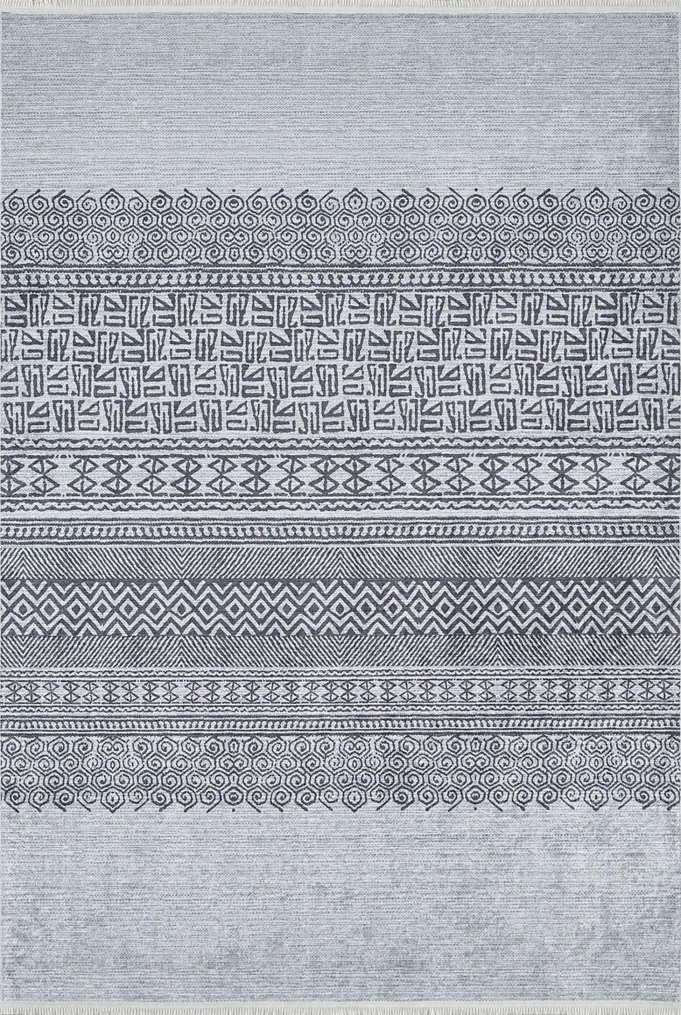 Gri Etnik Geometrik Desenli Modern Bohem Halı