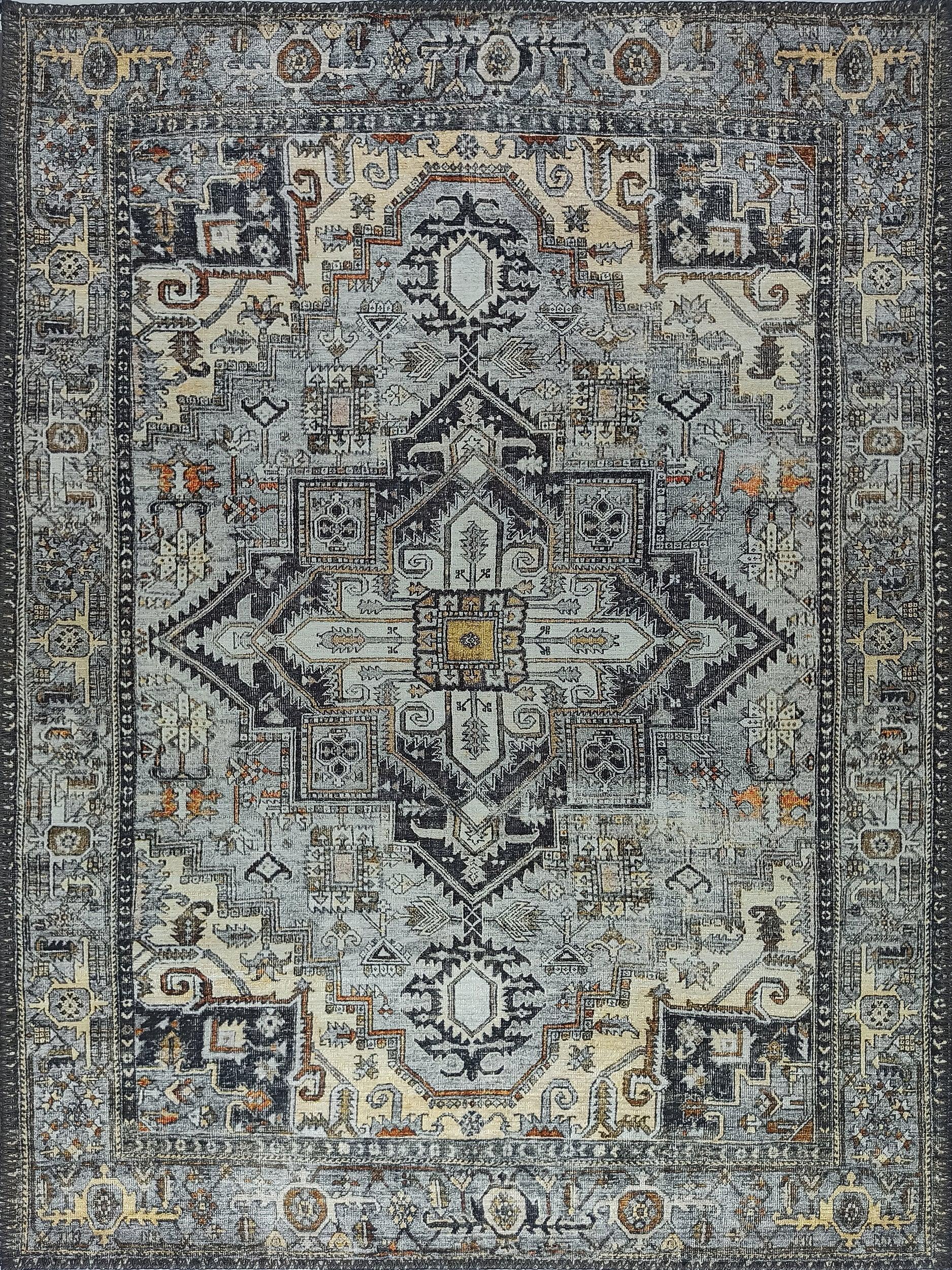 Gri Geometrik Desenli Vintage Halı-Pera Halı