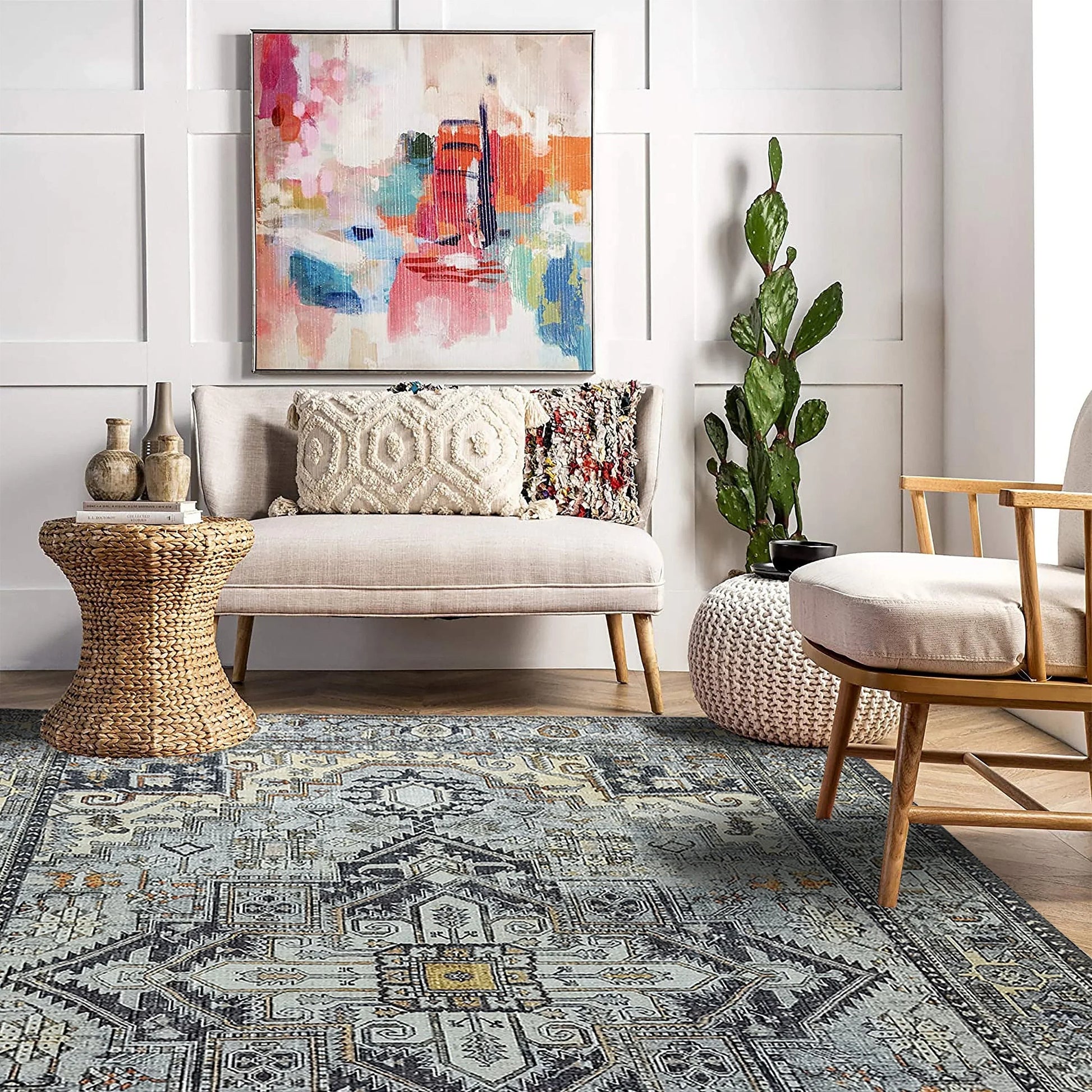 Gri Geometrik Desenli Vintage Halı-Pera Halı