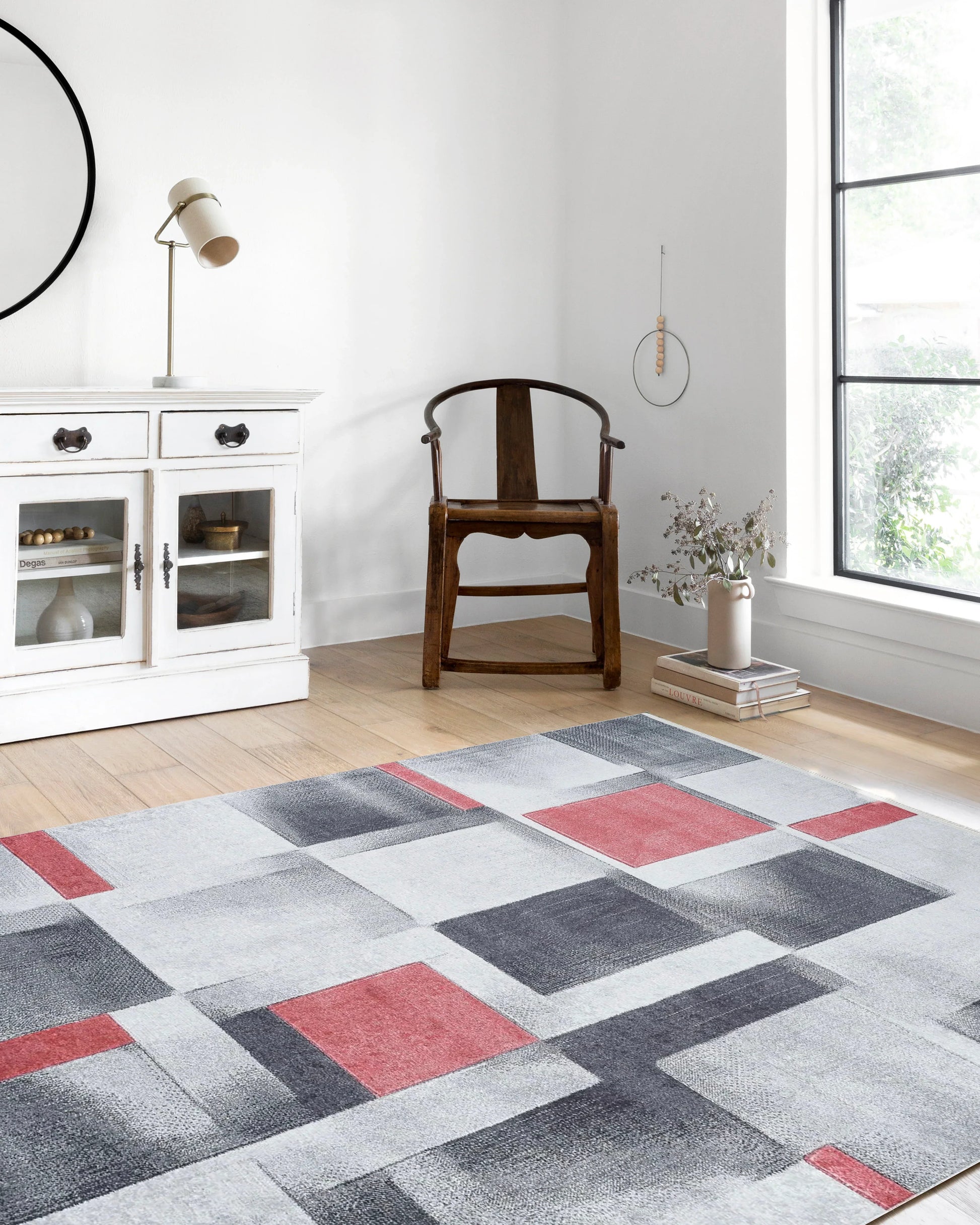 Gri Kırmızı Modern Geometrik Halı-Pera Halı