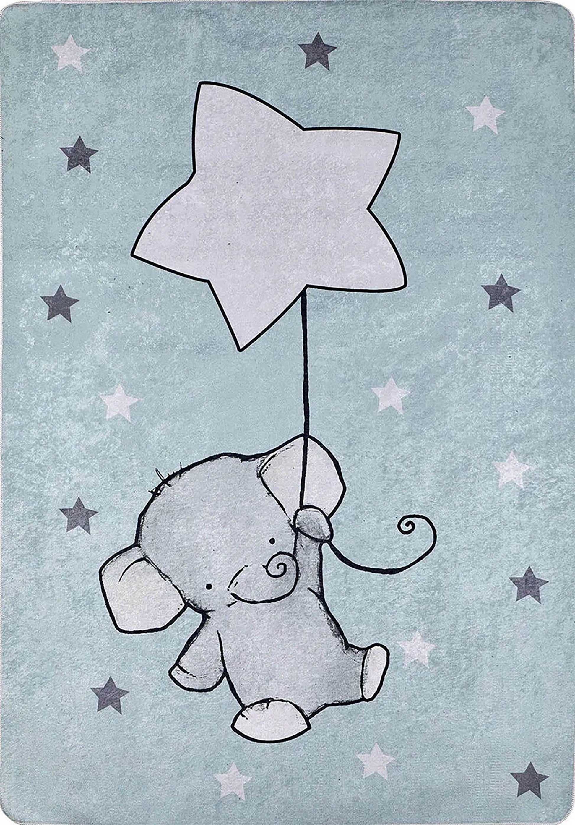 Gri Mavi Fil ve Yıldız Desenli Yıkanabilir Çocuk Halısı-Pera Halı