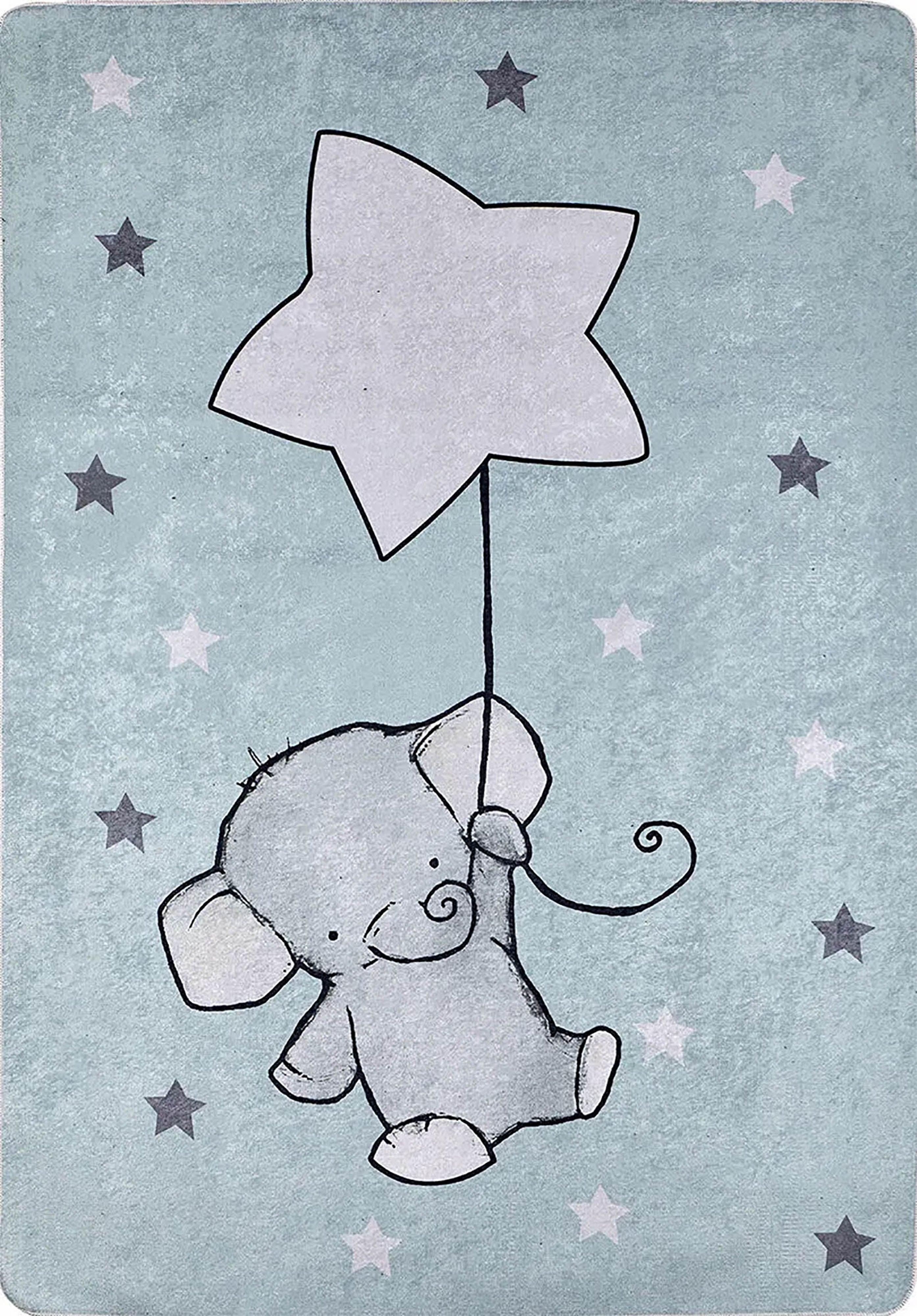 Gri Mavi Fil ve Yıldız Desenli Yıkanabilir Çocuk Halısı-Pera Halı