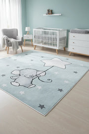 Gri Mavi Fil ve Yıldız Desenli Yıkanabilir Çocuk Halısı-Pera Halı