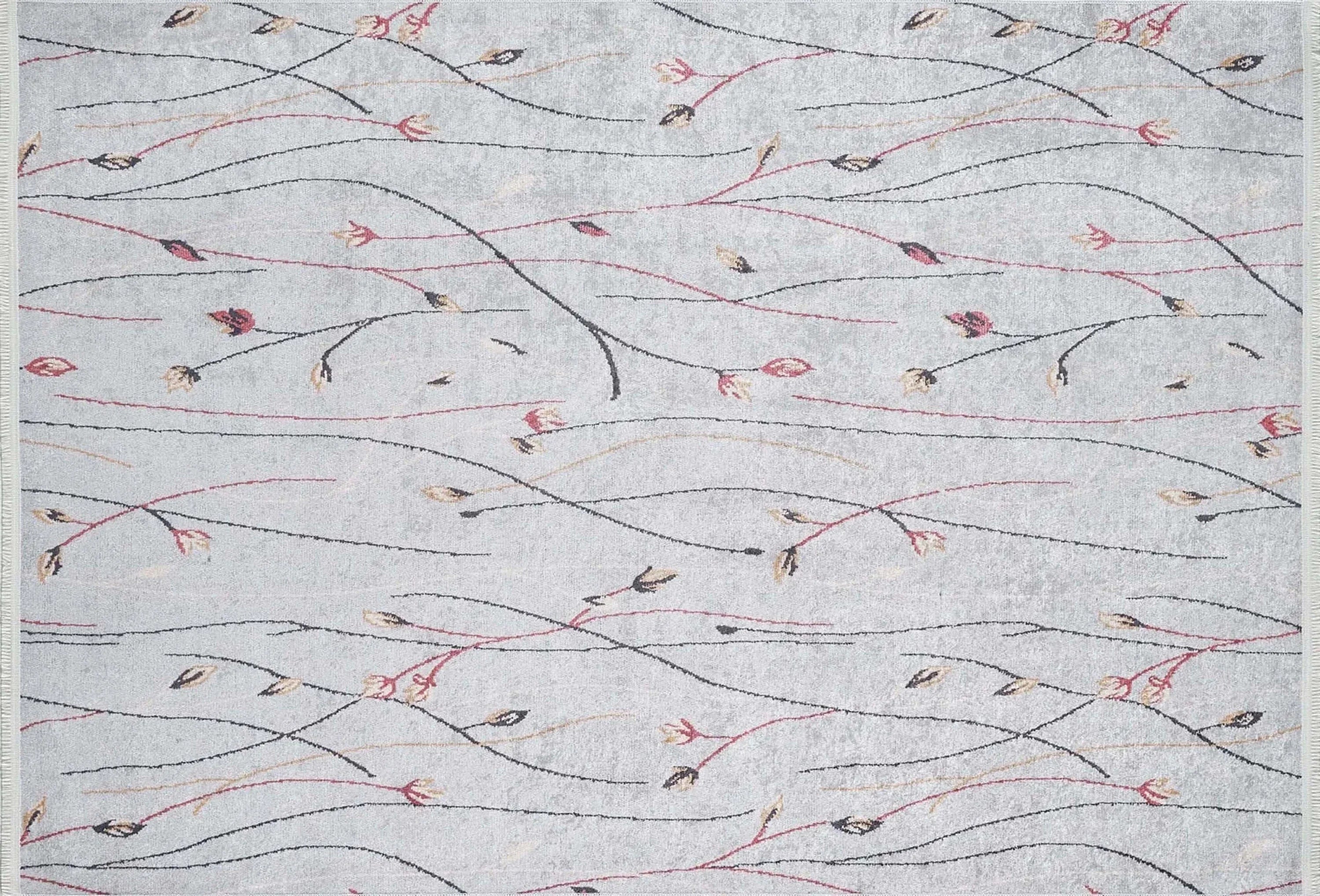 Gri Minimalist Çiçek Desenli Halı