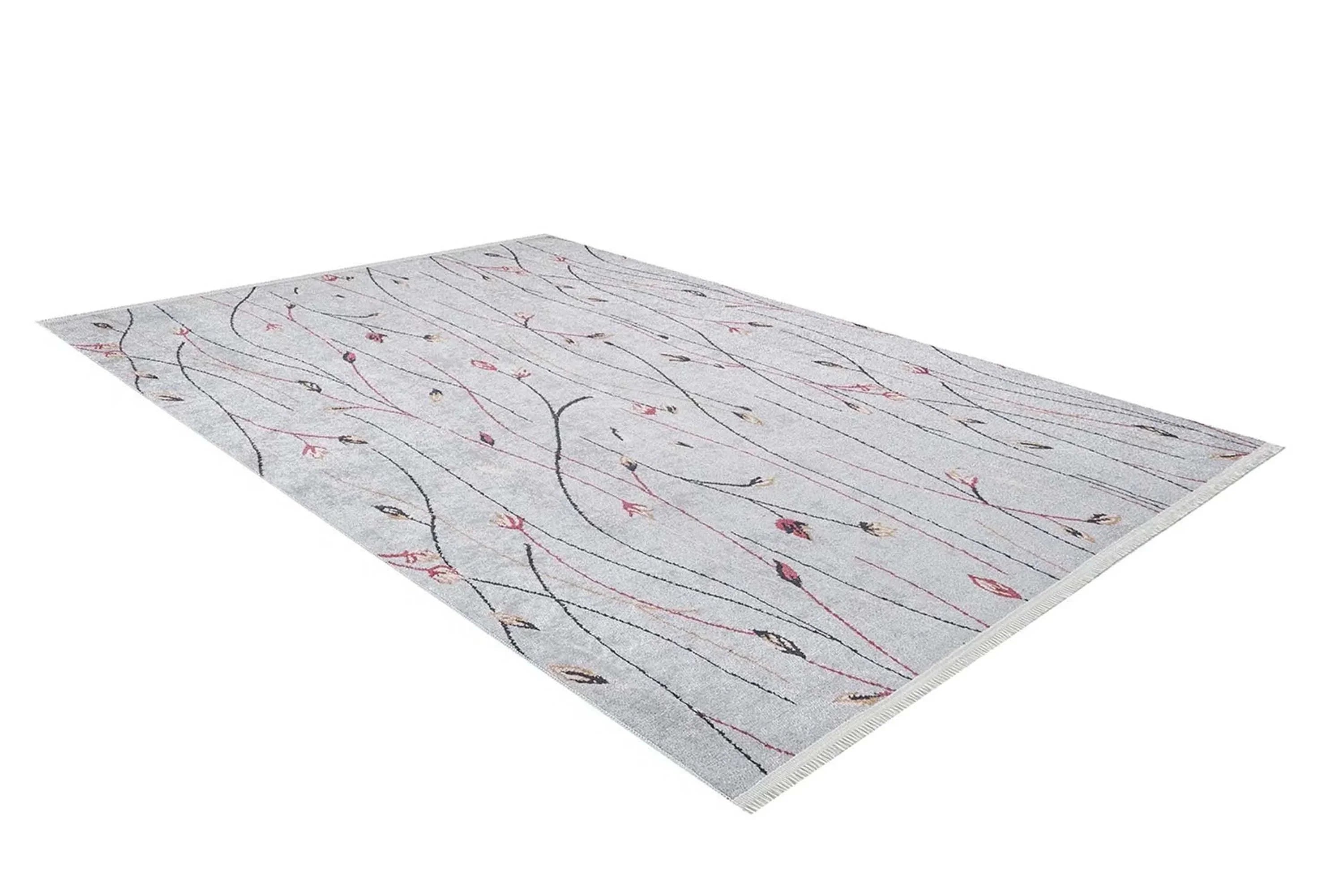 Gri Minimalist Çiçek Desenli Halı-Pera Halı