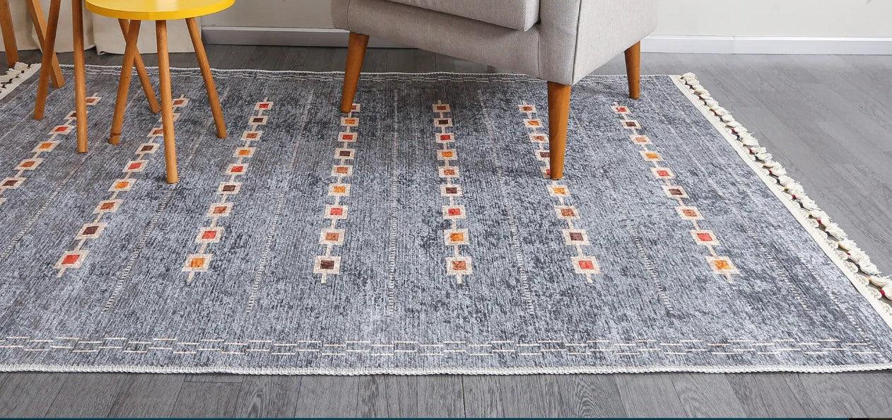 Gri Renkli Kare Desenli Modern Kilim Halı-Pera Halı