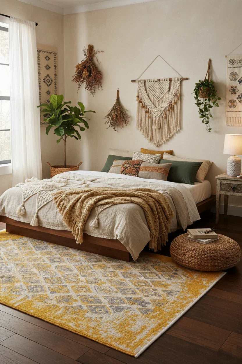 Gri Sarı Çift Taraflı Modern Vintage Yıkanabilir Antibakteriyel Halı-Pera Halı